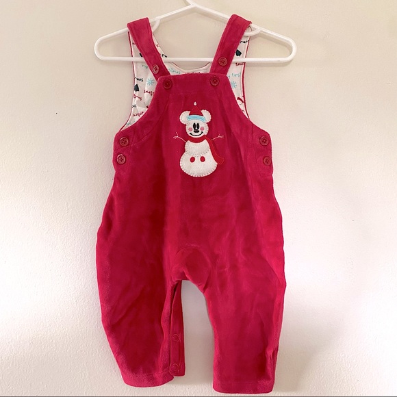 Disney Other - Disney Mickey Mouse Snowman Winter Christmas Holiday Red Velvet Overalls 6M